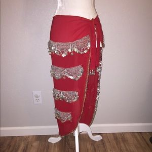 Long coin bead hip scarf. Red and silver.
